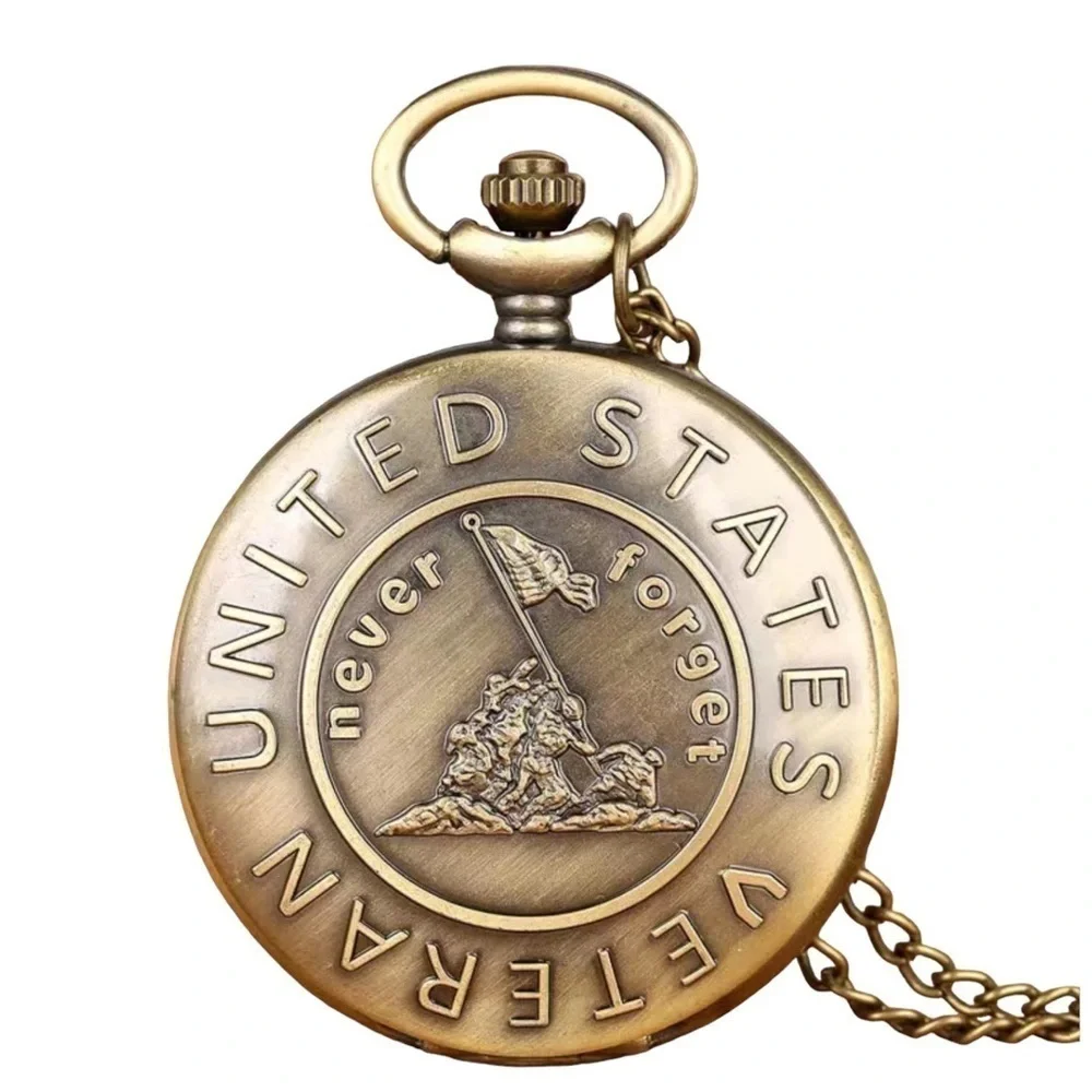 Pocket Watch with Chain Veteran Patriotic Flip Open USA Bronze Unisex Gift